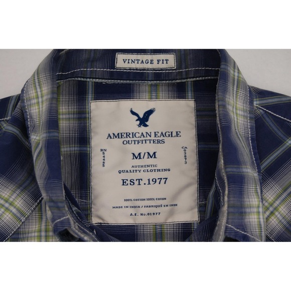 American Eagle Outfitters Shirt Mens Medium Blue Plaid Western Snap Vintage Fit - Picture 6 of 10